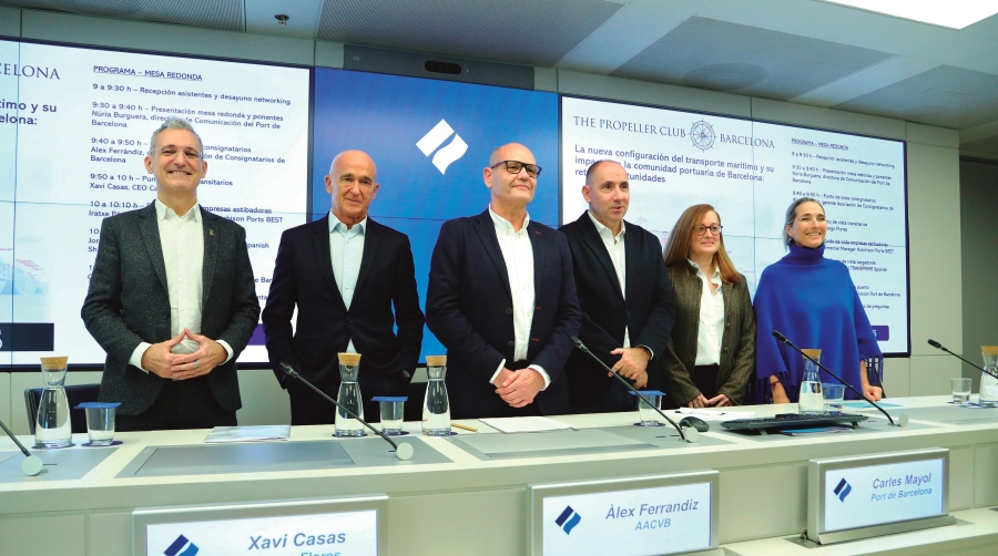 Desde la izquierda: Jordi Espín, secretario general de Transprime; Xavi Casas, CEO de Cargo Flores; Alex Ferrándiz, gerente de la Asociación de Consignatarios de Barcelona; Carles Mayol, responsable de la División de Contenedores de Port de Barcelona; Iratxe Pérez, Commercial Manager de Hutchison Ports BEST y Núria Burguera, directora de Comunicación del Port de Barcelona. Foto C.C.