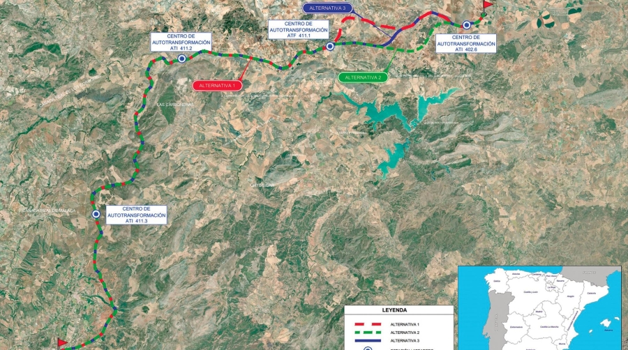 Plano de electrificación de la línea Bobadilla-Algeciras, tramo Bobadilla-Ronda, con las tres alternativas recogidas en el Estudio Técnico. Fuente MITMA.