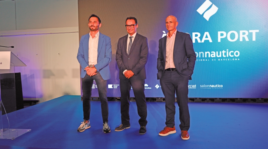 Josep Antoni Llopart, director del Saló Nàutic de Barcelona; Àlex Garcia, director general del Port de Barcelona; y David Pino, director del Port Vell. Foto: J. M.