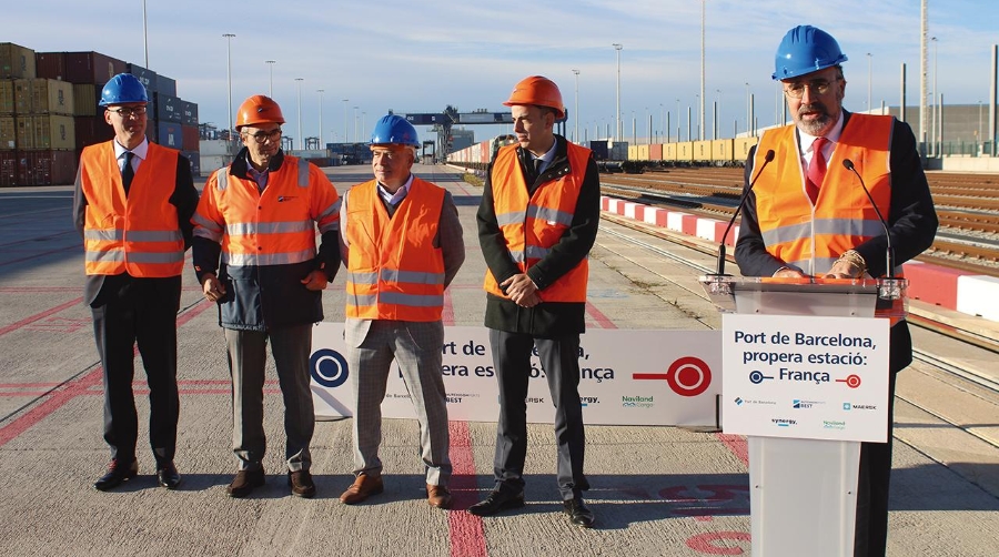 Eric Champeyrol, director general de Naviland Cargo; Guillermo Belcastro, CEO de Hutchison Ports BEST; Xavier Moliné,director general d’APM Terminals Spain Railway; Pablo García, director general de Synergy y Lluís Salvadó, presidente de Port de Barcelona. Foto J.P.M.