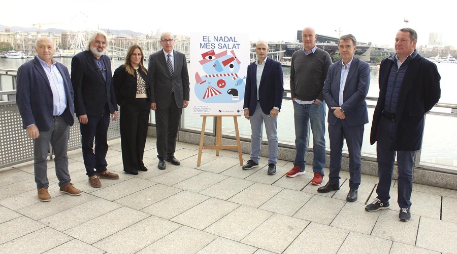 José Alberto Carbonell, presidente de Port de Barcelona, y David Pîno, director de Port Vell, junto a representantes de empresas concesionarias del Port Vell que participan en Nadal al Port durante el acto de presentación del evento. Foto M.V.