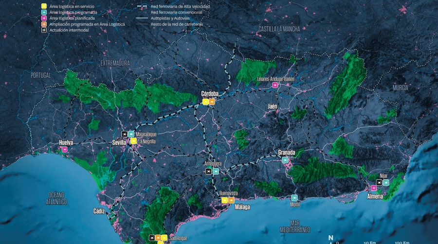 El objetivo del PITMA es cohesionar todo el territorio andaluz a nivel logístico a través del impulso de la intermodalidad. Fuente Consejería de Fomento de la Junta de Andalucía.