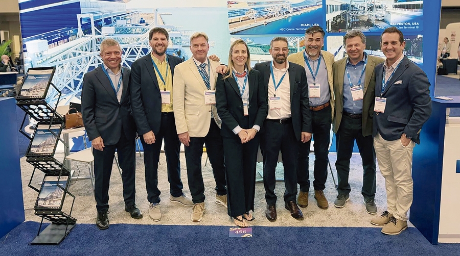 Jordi Floreta, VP &amp; Business Director, Jorge Granados, Port Product Manager, Martin Westphal, Group Marketing Director, Patricia Lago, Business Development Manager USA, Mario Pagano, Project Manager USA, Hugo Zanabria, Airports Director USA, Jordi Mont, CEO, y Alex Sivila, Ports Director USA de ADELTE.