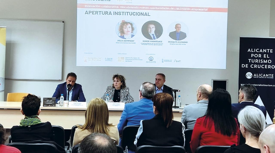 De izquierda a derecha: Jorge Rodríguez, vicepresidente de la Asociación Alicante por el Turismo de Cruceros; Julia Company, directora general del Instituto Valenciano de Competitividad Empresarial; y Joaquín Alcázar, director de CEEI de Elche.