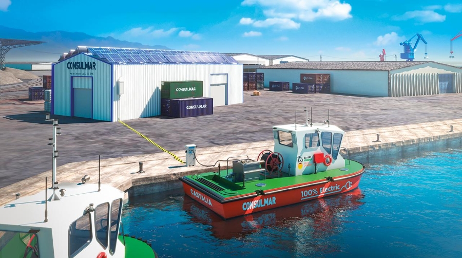 El e-ship, de eslora total 12,5 metros y manga de 5 metros, ofrece una autonomía de operación de 8 horas, espacio para 12 pasajeros, capacidad de carga de residuos líquidos MARPOL I de 30 metros cúbicos y prestación de servicios de amarre y remolque de buques.
